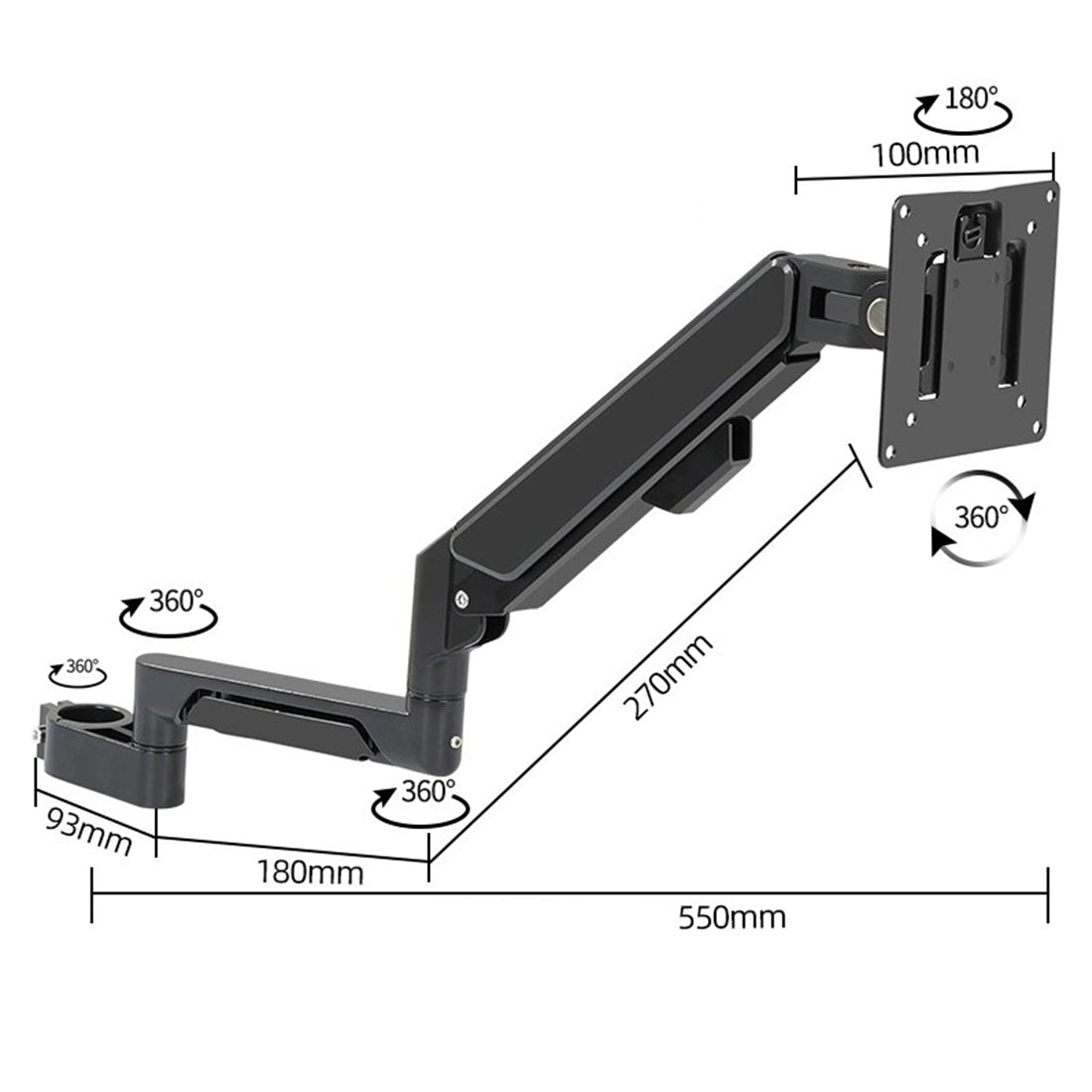 Three-Section Clamp-Style Mini Gas-Spring Monitor Arm with Standard VESA-Mount (0–6 kg Load Capacity/Black)