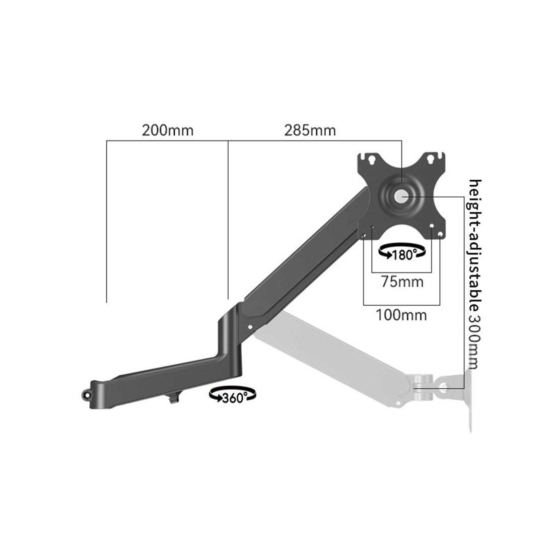 Two-Section Clamp-Style Mini Gas-Spring Monitor Arm with Standard VESA-Mount (0–6 kg Load Capacity/Black)